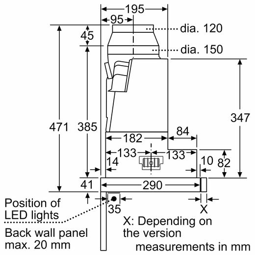 Bosch DFS097A51B Telescopic Cooker Hood Silver - Dimensions